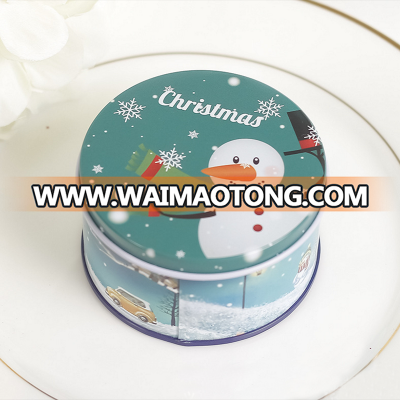 Merry Christmas Theme Little Snowman Design Blue Green Round Tin Box